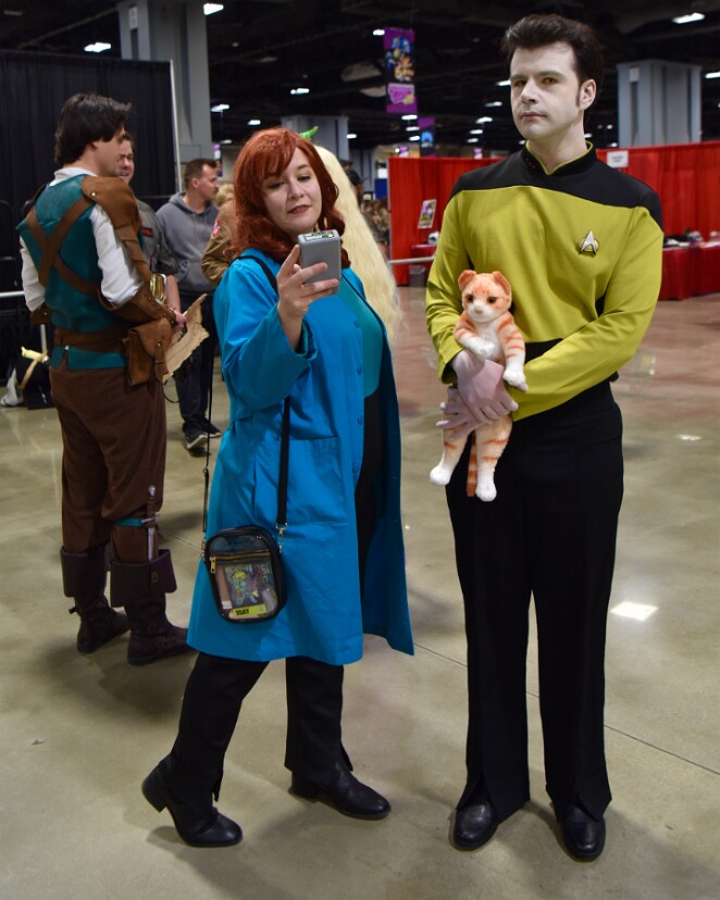 Dr. Beverly Crusher, Data, and Spot the Cat