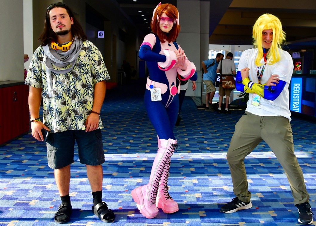 Eraser Head, Uravity, and All Might Welcoming the First Morning of Otakon 2